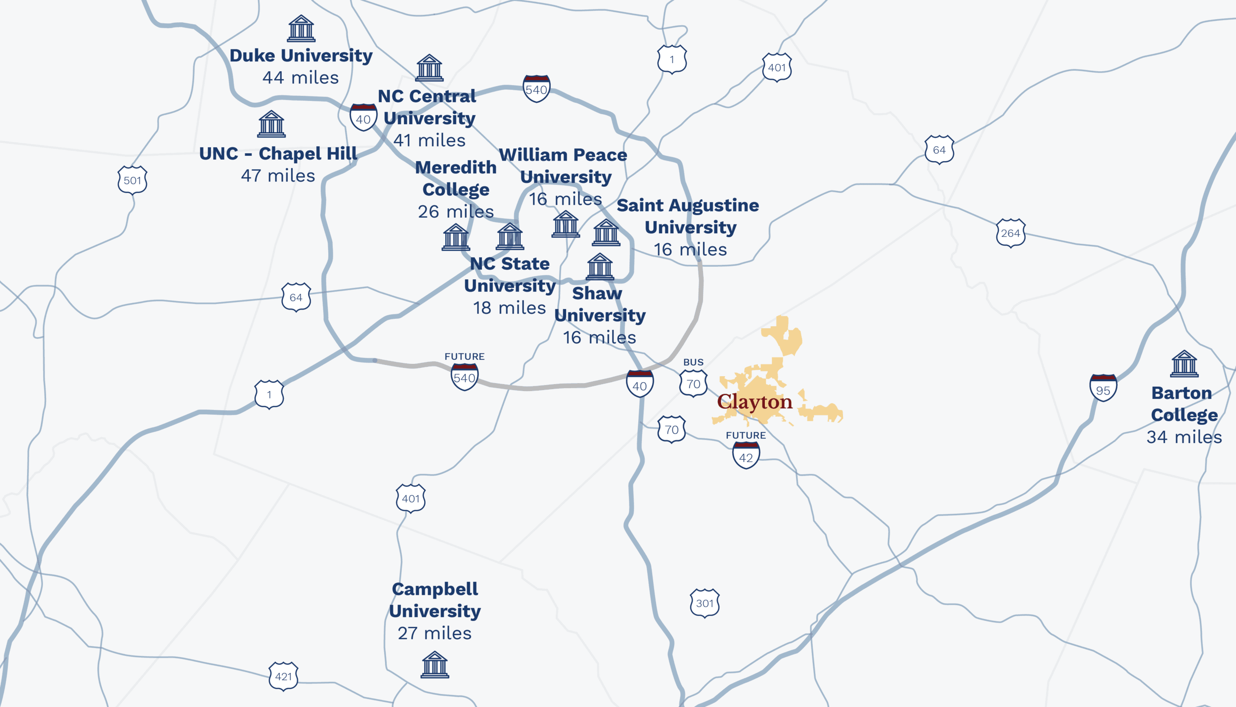 A map of the colleges and universities around Clayton